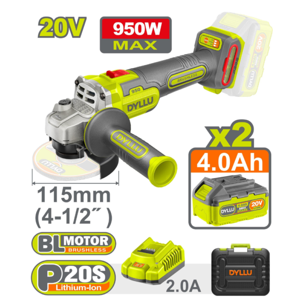 Meuleuse d’angle 950 W sans fil 20 V – 4 Ah DYLLU