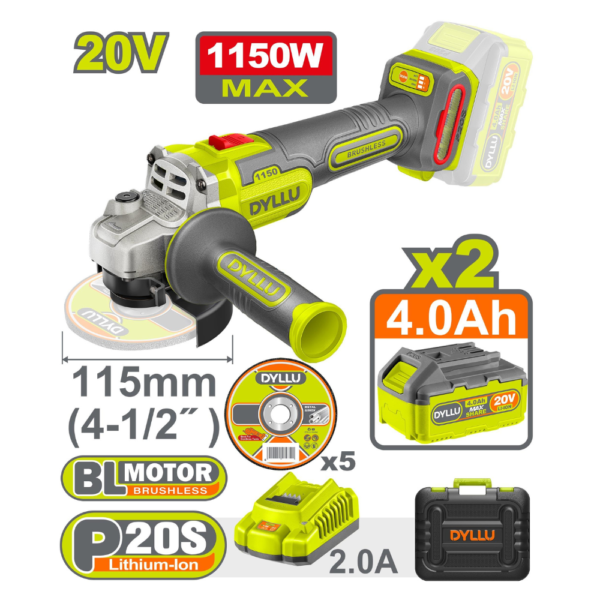 Meuleuse d’angle 1150 W sans fil 20 V – 4 Ah DYLLU