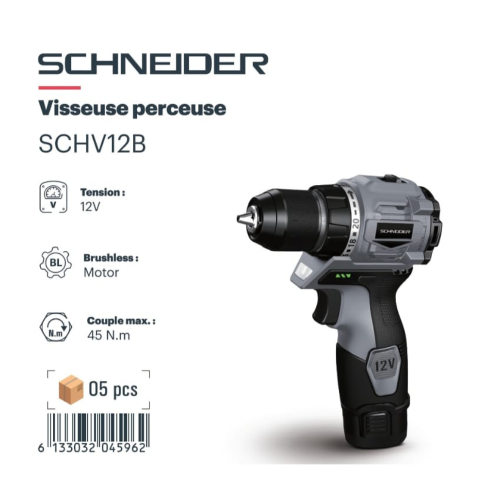SCHV12B Visseuse-perceuse brushless Schneider 12 V 45 Nm – Image 1