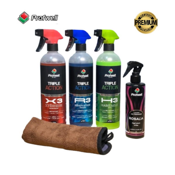 PACK PROFWELL PREMIUM NETTOYAGE INTERIEUR / EXTERIEUR 3IN1 TRIPLE ACTION + PARFUM ET CHIFFON MICROFIBRE