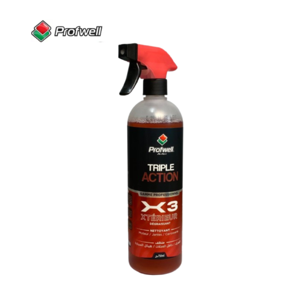 PROFWELL TRIPLE ACTION NETTOYANT X3 EXTERIEUR 3EN1 MOTEUR / JANTE / CARROSSERIE 750ML