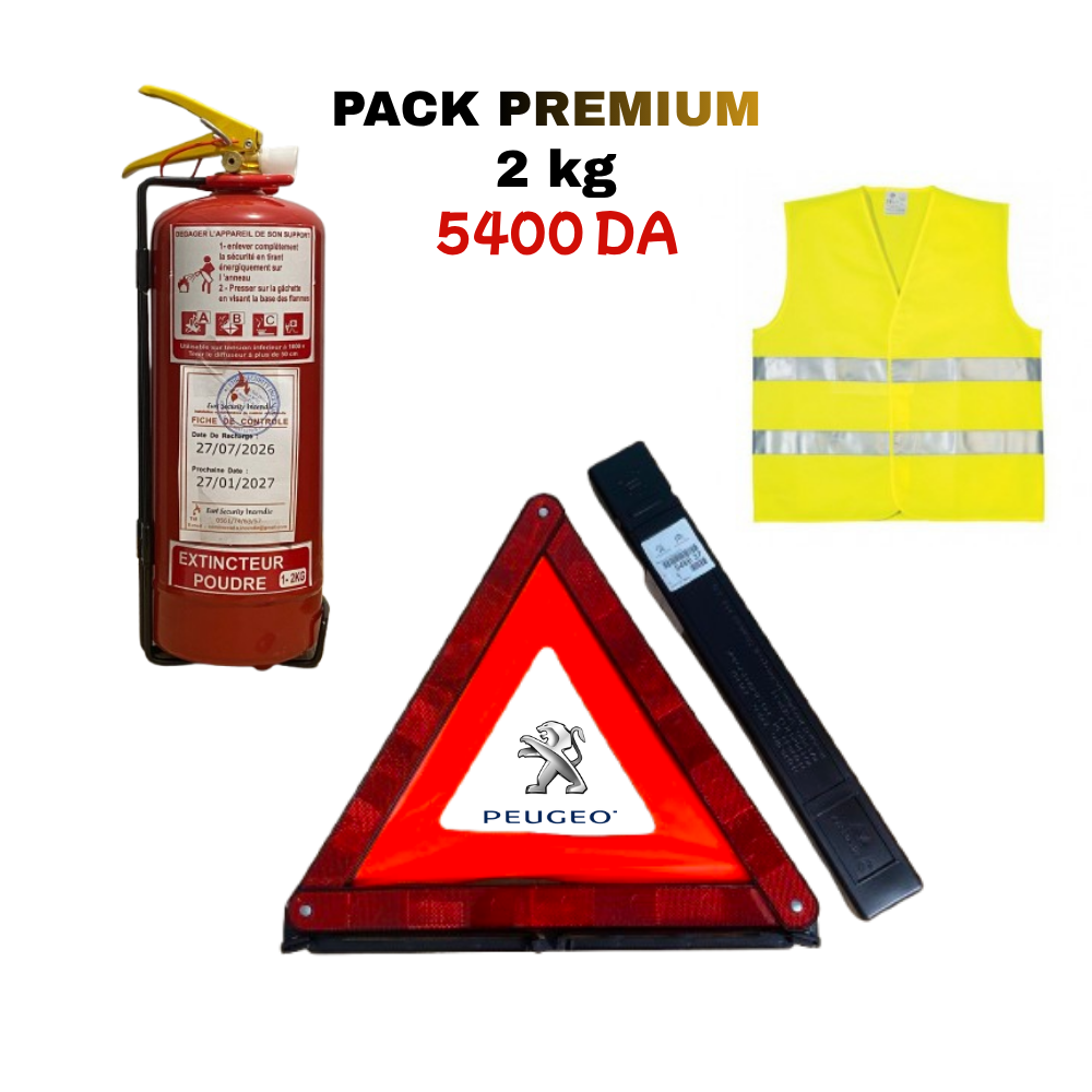 PACK SÉCURITÉ AUTO PREMIUM — EXTINCTEUR 2 KG + GILET + TRIANGLE PEUGEOT